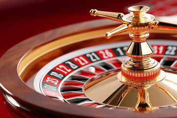 A gold colored roulette wheel with a red and black design