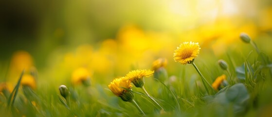 Sticker -  A tight shot of several flowers in a meadow amidst swaying grasses Sunlight filters through nearby trees