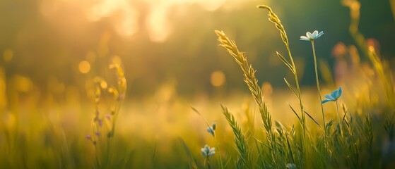 Wall Mural -  A sunlit scene of grass and flowers beneath trees; sun rays filtering through leaves, wind stirring grass in foreground