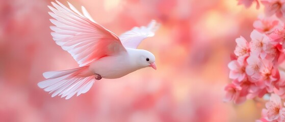  A white bird soaring through the air against a backdrop of softly blurred pink flowers, with an abundant foreground of both white birds and pink blooms