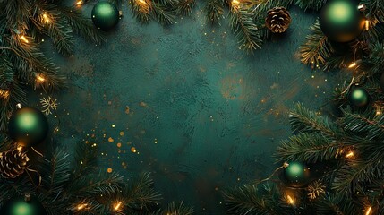 For a joyous Christmas atmosphere, green and gold ornaments and pinecones are draped on evergreen branches