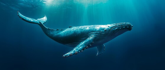  A humpback whale swims beneath the water's surface as sunlight filters through it