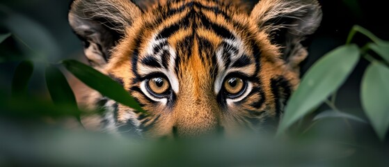 Wall Mural -  A tight shot of a tiger's face, foregrounded by green leaves, background softly blurred