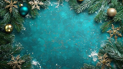 A festive winter background with blue and gold ornaments, snowflakes, and pine branches