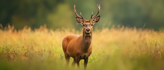 Wall Mural -  A deer in a grassy field, its head facing opposite the camera ..Or, for a more descriptive version:..Up close: