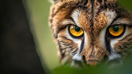 yellow eyes, blurred green leaves background