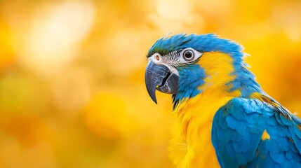 Wall Mural -  A tight shot of a blue-and-yellow parrot perched on a branch, surrounded by yellow foliage in the background