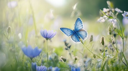  A blue butterfly atop a blue bloom, amidst a field of blue and white blossoms