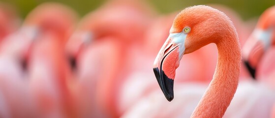 Wall Mural -  A tight shot of a flamingo's head and neck, surrounded by other flamingos in the background