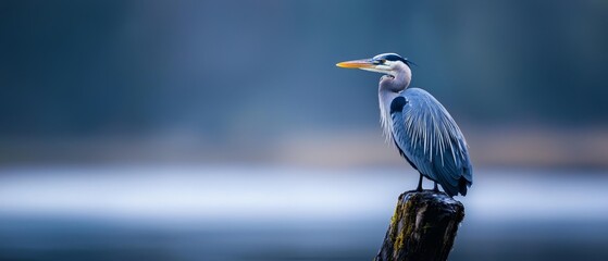 Canvas Print -  A bird perched atop a waterlogged piece of driftwood against a backdrop of tranquil water and towering trees