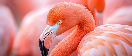 Wall Mural -  A tight shot of a solitary pink flamingo amidst a larger group in the background