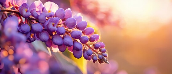 Canvas Print -  A tight shot of purple blossoms on a branch against a backdrop of sunny sky, softly blurred background