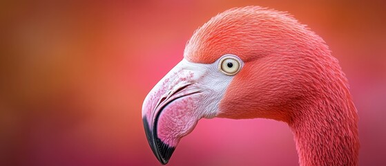 Wall Mural -  A pink flamingo's head, closely framed, against a blurred backdrop of red and pink