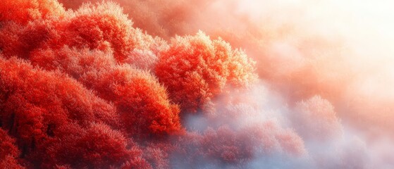 Sticker -  A scene of trees with red and yellow foliage in the foreground and a misty, foggy sky in the background