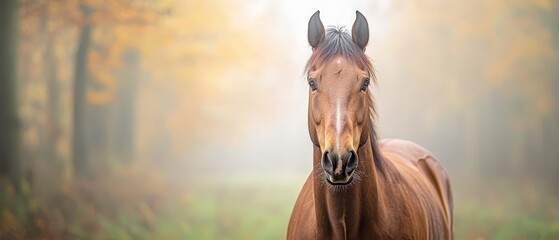 Sticker -  A brown horse stands in a forest, surrounded by trees as fog obscures the background