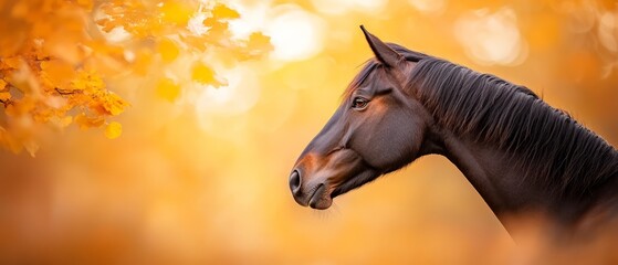 Wall Mural -  A brown horse faces a tree with yellow-leafed branches against a yellow backdrop sky