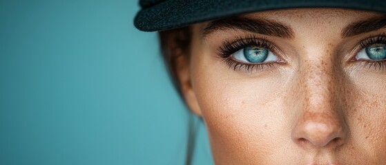 Wall Mural -  A tight shot of a woman's freckled face, topped with a hat Her blue eyes are visible beneath the brim