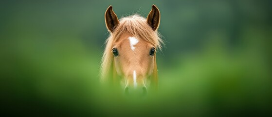 Wall Mural -  A tight shot of a horse's head, with grass in the foreground and a softly focused background