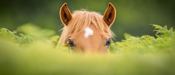 Wall Mural -  A brown horse, speckled with a white marking on its face, grazes in a lush field of green grass and plants Background softly blurred