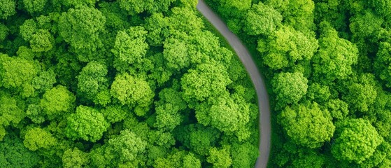 Wall Mural -  A winding road nestled in a verdant forest, flanked by abundant trees on either side