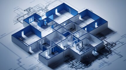 Wall Mural - 3D Model of a House on a Blueprint