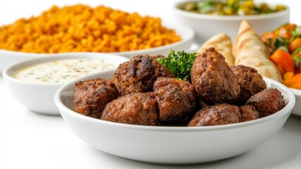 Wall Mural - A plate of meatballs sits on a table with other plates of food