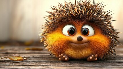   A close-up of a porcupine on a wooden floor with a leaf nearby