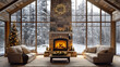 © Artem - Cozy winter living room with Christmas decorations and a warm fireplace amidst snowy outdoors