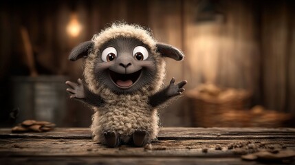   A close-up of a sheep resting on a wooden board with a lit background and a basket of nuts nearby