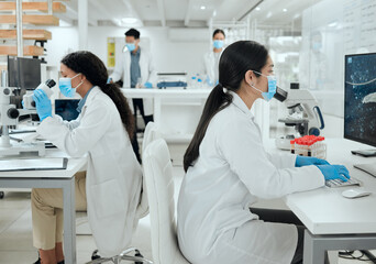 Poster - Reading, review and woman on computer for science breakthrough, clinical trial or discovery. Coworking, medical mask or women scientist checking results for vaccine research, mpox cure or development