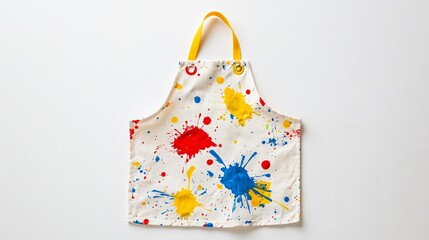 Wall Mural - Toddler's art apron with paint splatters, isolated on a plain white background