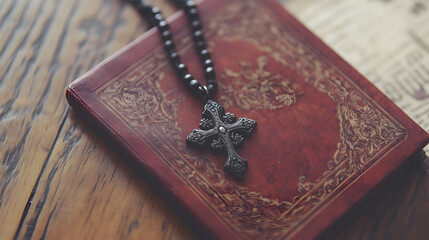 A cross pendant resting on an ancient book atop a rustic wooden surface background with copy space