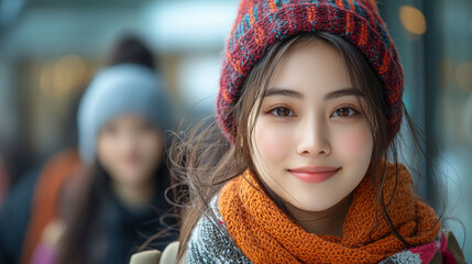 Wall Mural - Smiling young woman in a winter hat and scarf