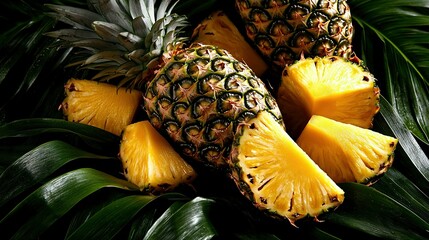   A lush green, leaf-covered ground hosts two piles of juicy pineapples