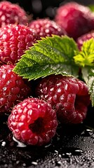 Wall Mural -   A close-up of red raspberries on a black background with water droplets on the surface and a green leaf in the foreground