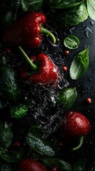 Wall Mural -   Red peppers on a green-leafed table sit atop a black surface, surrounded by water