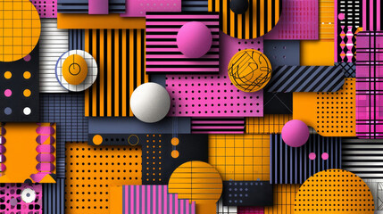 Poster - Vibrant geometric patterns are displayed, featuring circles and rectangles in shades of purple, orange, and black. The design creates a lively and dynamic visual experience.