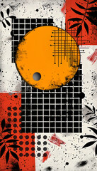 Poster - This artwork showcases a striking blend of geometric shapes, including an orange circle, black grids, and red patterns against a textured background, creating a dynamic visual experience.