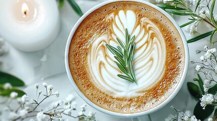 Wall Mural -   A cappuccino with a sprig of rosemary rests atop a table beside a flickering candle and vibrant bouquet