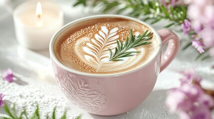 Wall Mural -   A cup of cappuccino with a sprig of rosemary rests on a table beside a flickering candle