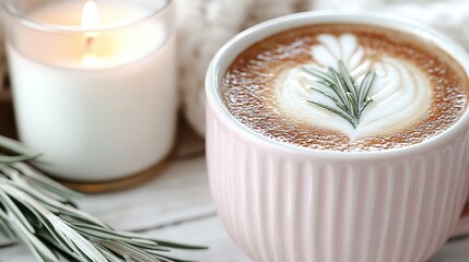 Wall Mural -   A cup of cappuccino with a sprig of rosemary on top and a nearby candle