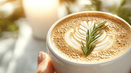 Wall Mural -   A cup of cappuccino topped with a sprig of rosemary