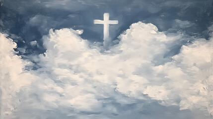 A radiant cross rising amidst clouds in the blue sky symbolizes resurrection and hope