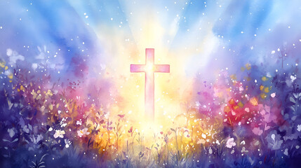 A bright cross in a colorful sky of flowers symbolizes hope and resurrection