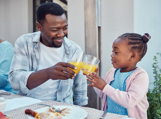 Canvas Print - Outdoor, black family and cheers with event, juice and bonding together with conversation. Girl, father or healthy meal in garden, celebration or happiness with nutrition, house or social gathering