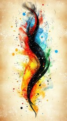 Wall Mural -  Black, Orange, Yellow, Blue Swirl on Beige Background with Paint Splatters