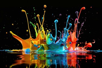Poster - Multitude of vibrant colors exploding and splashing together on a black background, creating a beautiful and abstract liquid sculpture