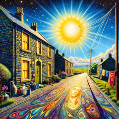 A surreal scene showcases a street under a radiant sun, with a serene face emerging from a colorful pattern on the road. The landscape is framed by houses and a star studded sky (Gen, A.I.)