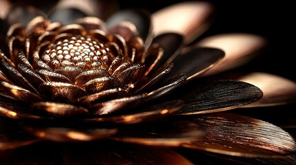   Metal flower close-up on black-gold plated surface with petal reflection