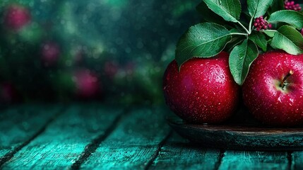 Wall Mural -   A pair of red apples rest atop a wooden table alongside a verdant plant